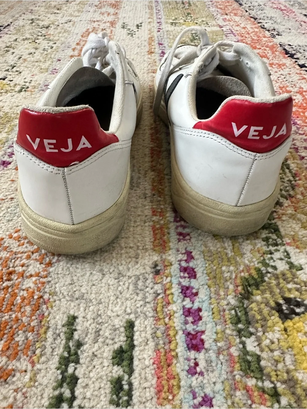 Veja Men's White Leather Sneakers with Navy V and Red Heel